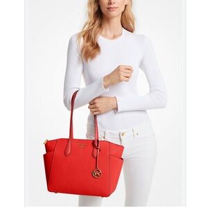 Michael Kors Marilyn Medium Saffiano Leather Tote Bag Optic Orange Gold Hardware